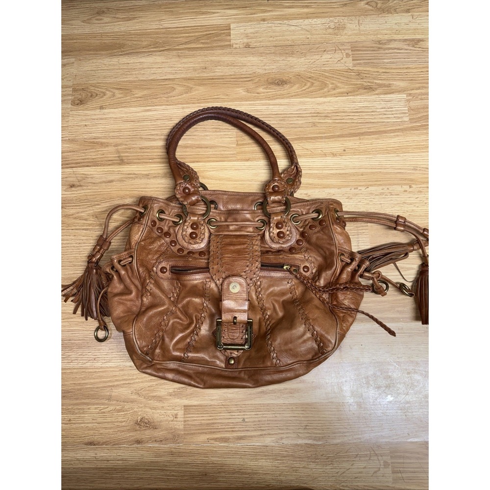 Isabella Fiore Brown Pebbled Studded Gold Hardware Hobo HandBag With Tassels